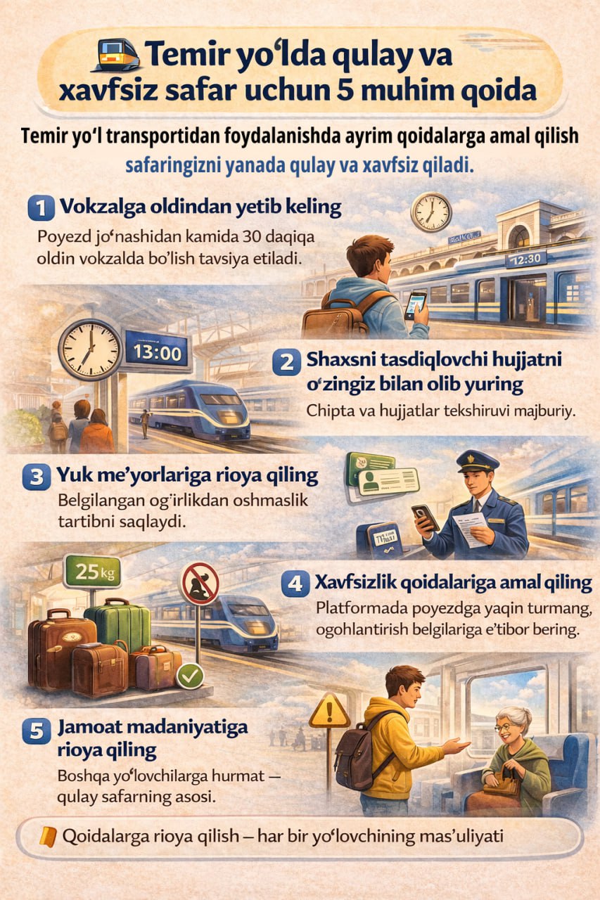 🚆 Temir yo‘lda qulay va xavfsiz safar uchun 5 muhim qoida
